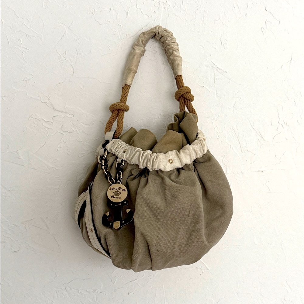 Vintage Y2K Juicy Couture Khaki White Anchor Cotton & Leather Bag - AS IS